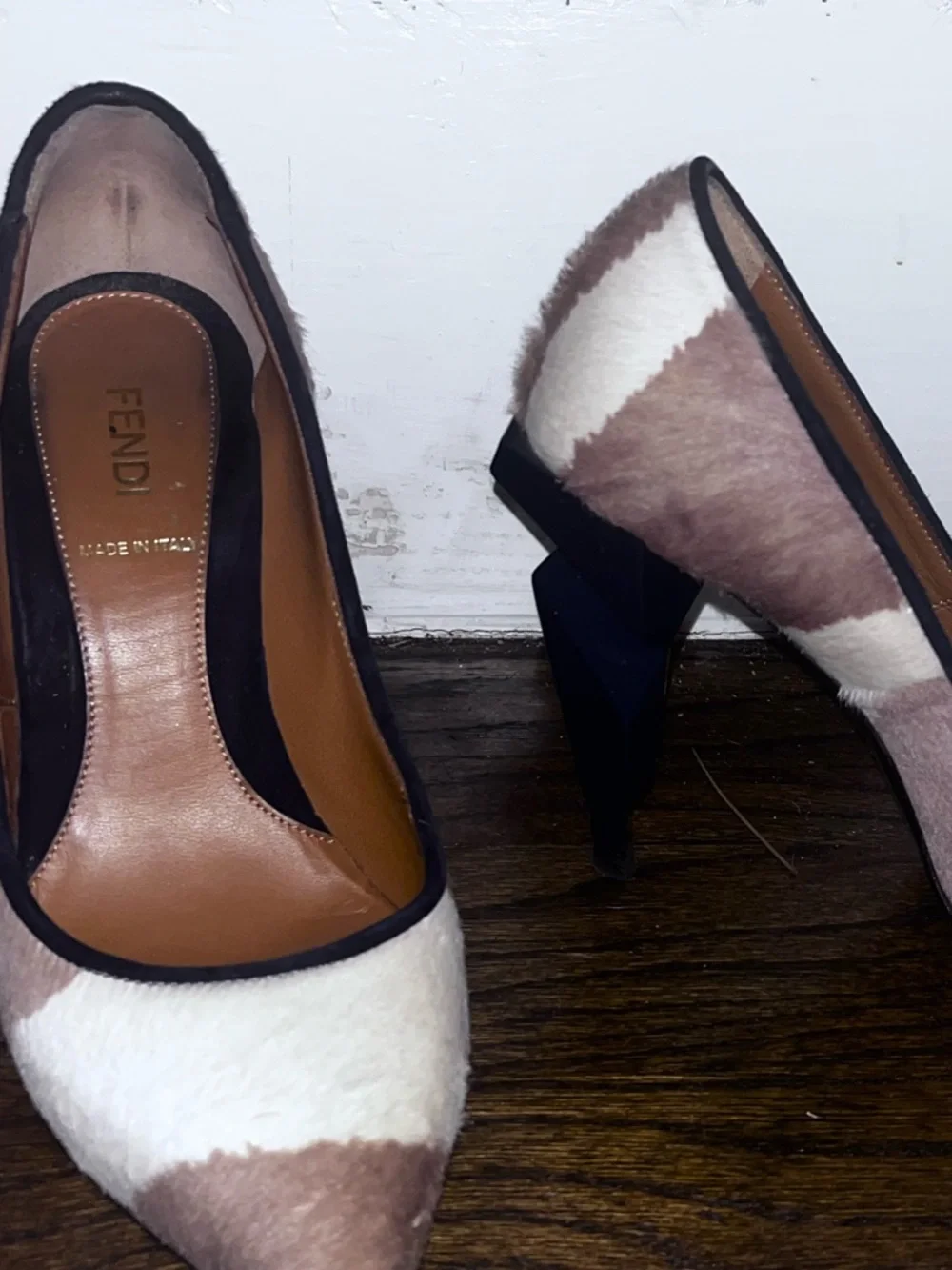 Fendi Two-Tone White and Taupe Pointed-Toe Pumps with Black Trim